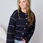 Daria Button Front Striped Cardigan - Navy