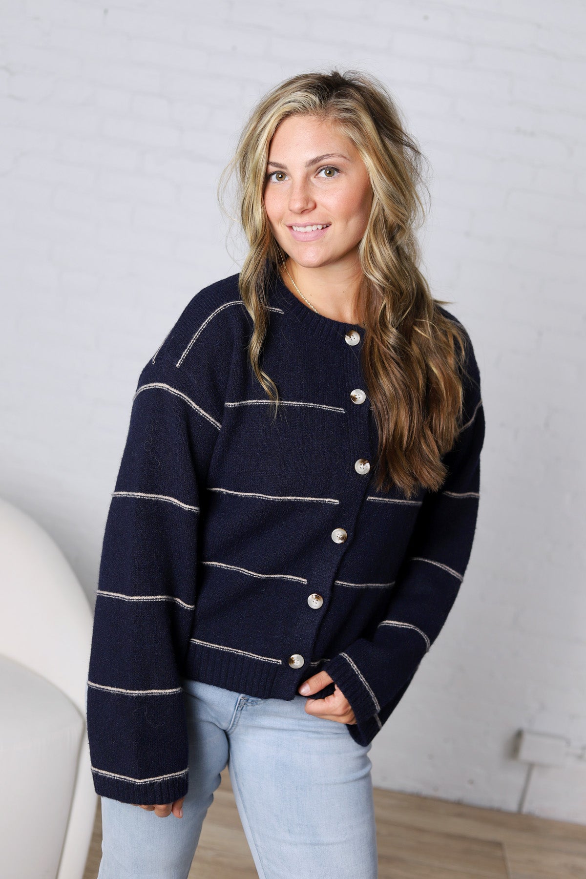 Daria Button Front Striped Cardigan - Navy
