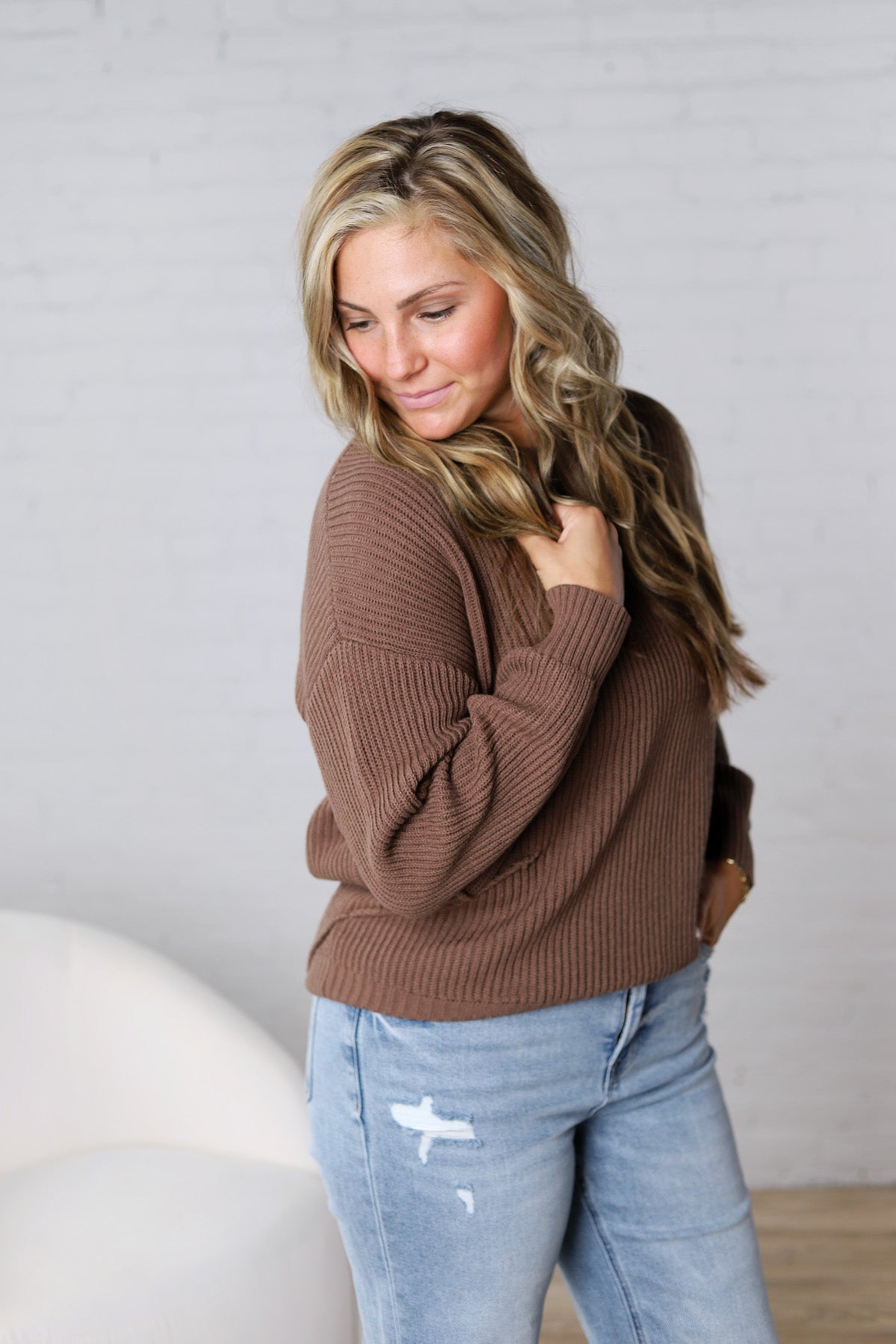 Daria Ribbed Knit Exposed-Seam Sweater - Brown