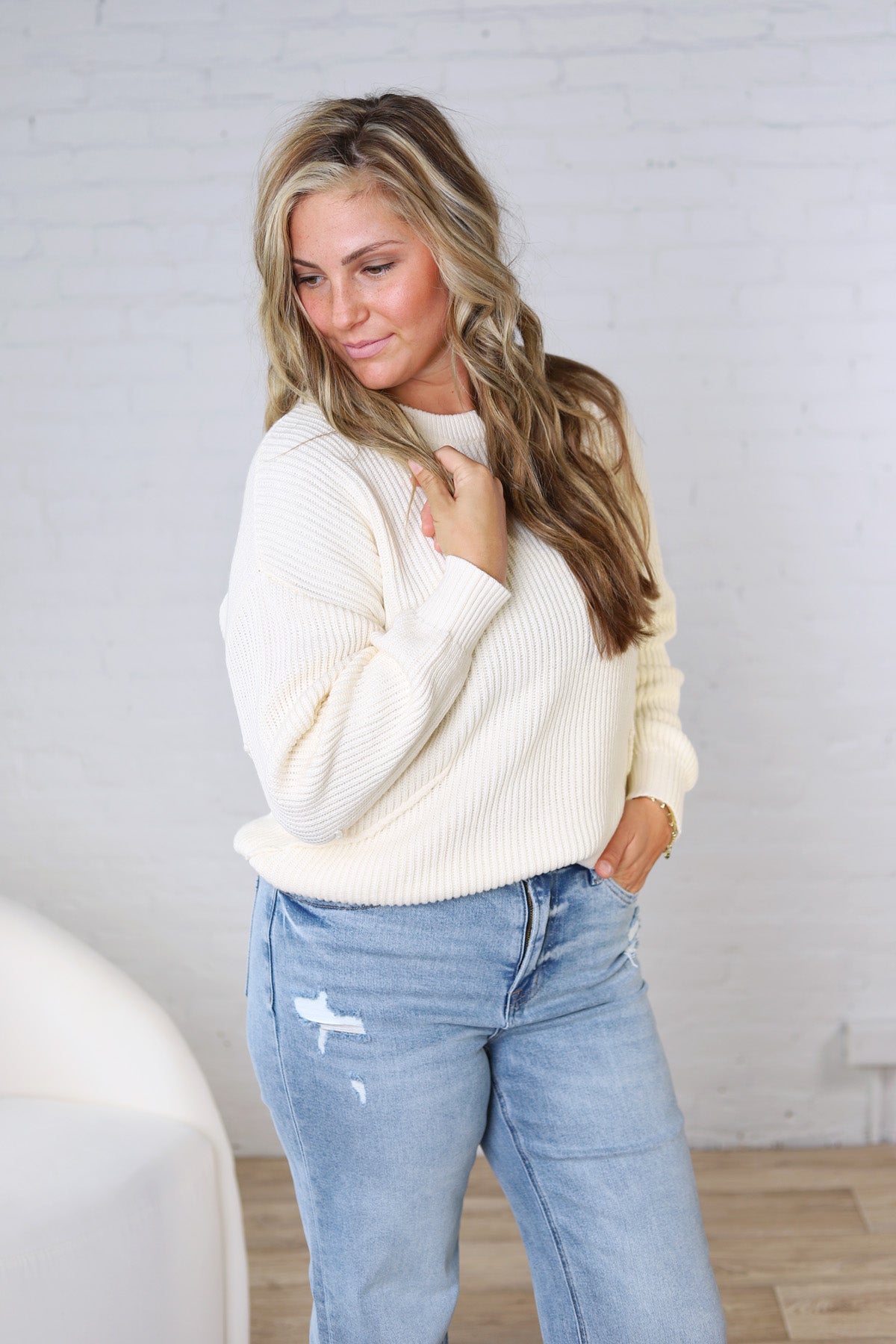 Daria Ribbed Knit Exposed-Seam Sweater - Cream