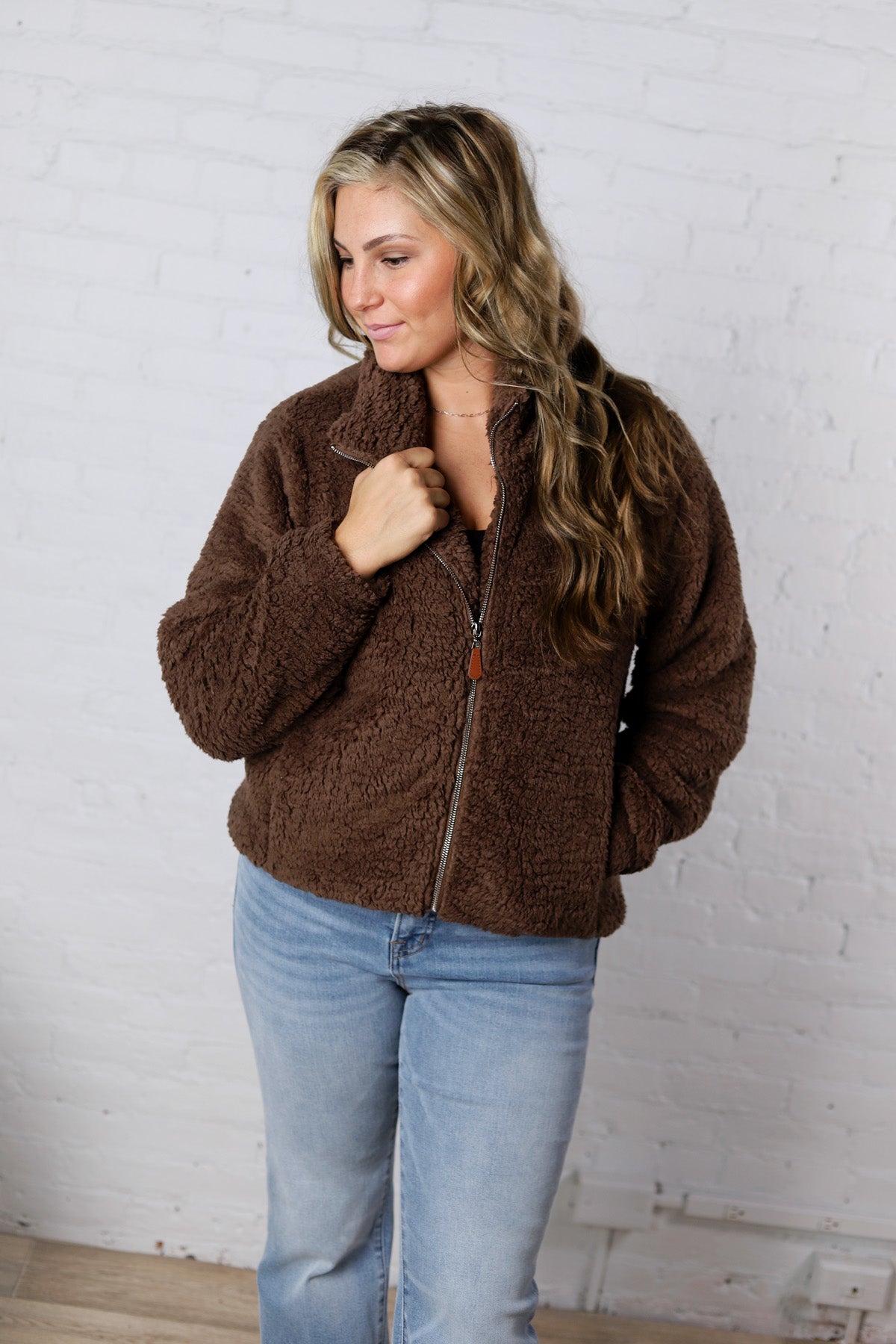 Dariah Fleece Teddy Zip Up Jacket - Coco