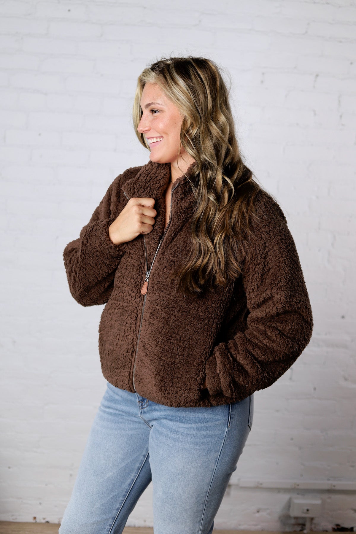 Dariah Fleece Teddy Zip Up Jacket - Coco