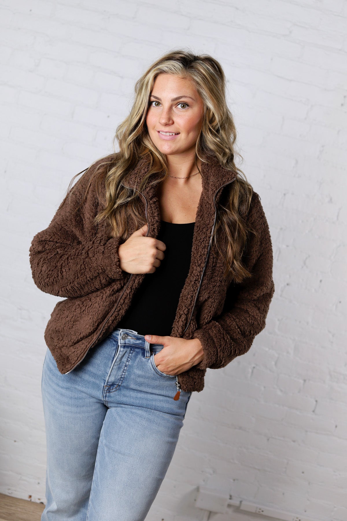 Dariah Fleece Teddy Zip Up Jacket - Coco