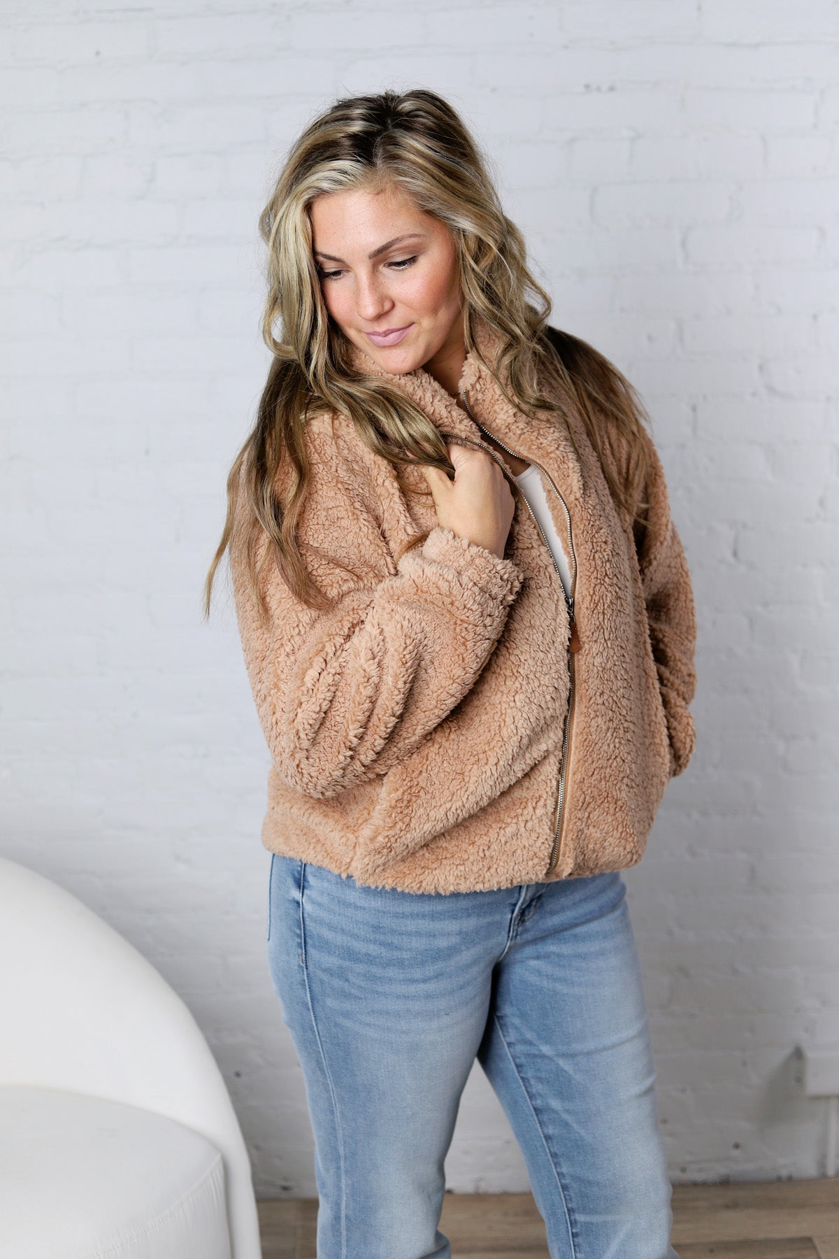 Dariah Fleece Teddy Zip Up Jacket - Latte