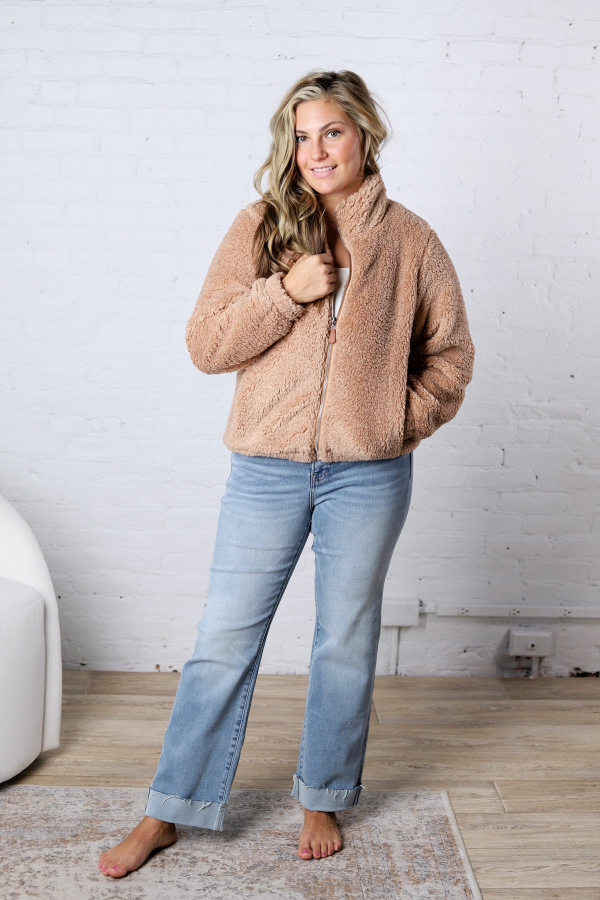 Dariah Fleece Teddy Zip Up Jacket - Latte