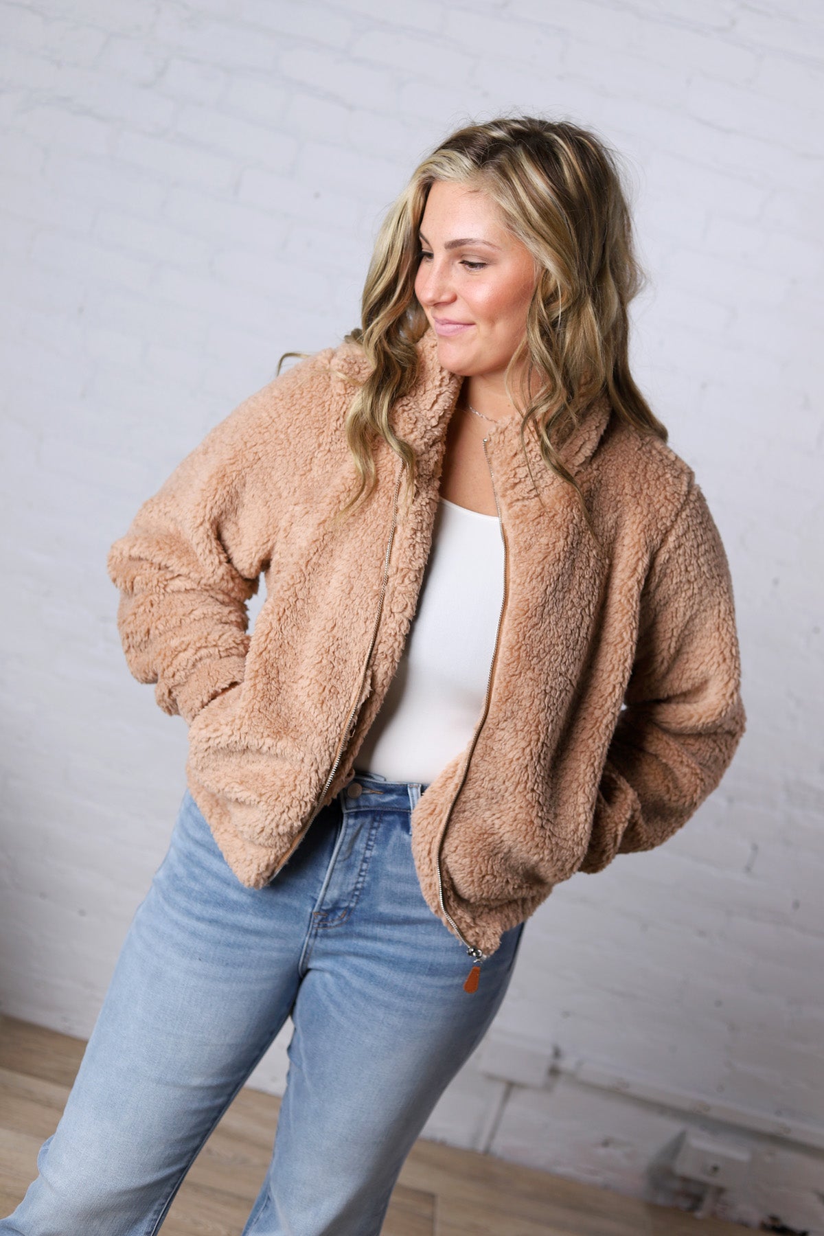 Dariah Fleece Teddy Zip Up Jacket - Latte
