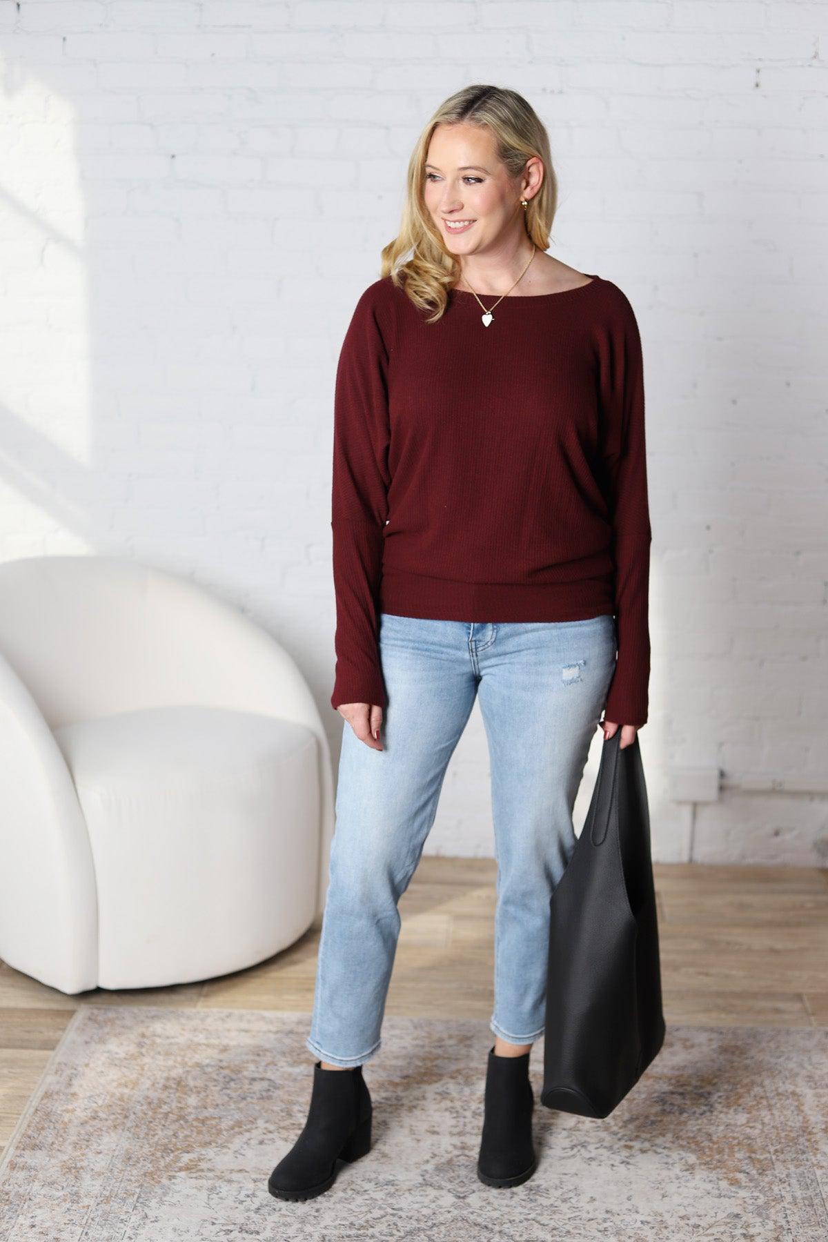 Delaney Dolman Sleeve Brushed Knit Top - Burgundy