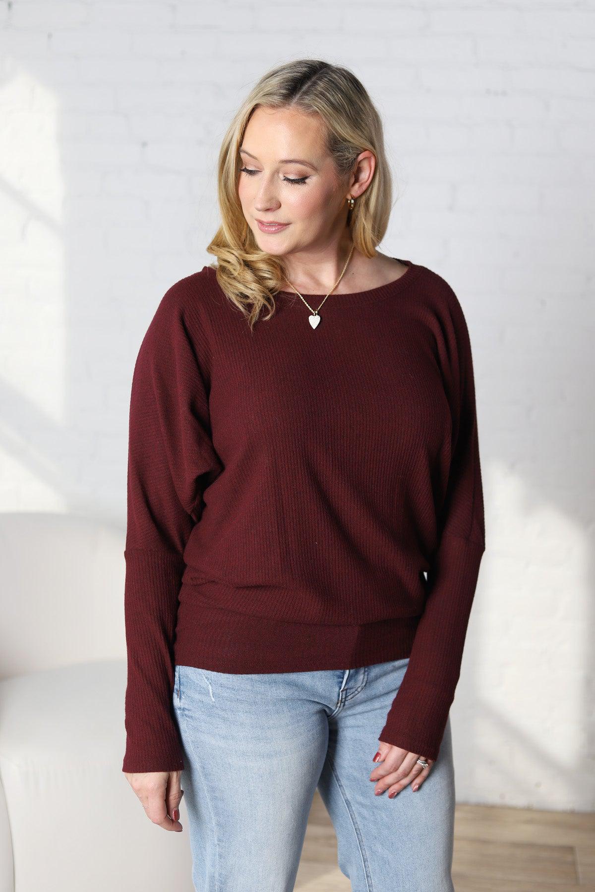 Delaney Dolman Sleeve Brushed Knit Top - Burgundy