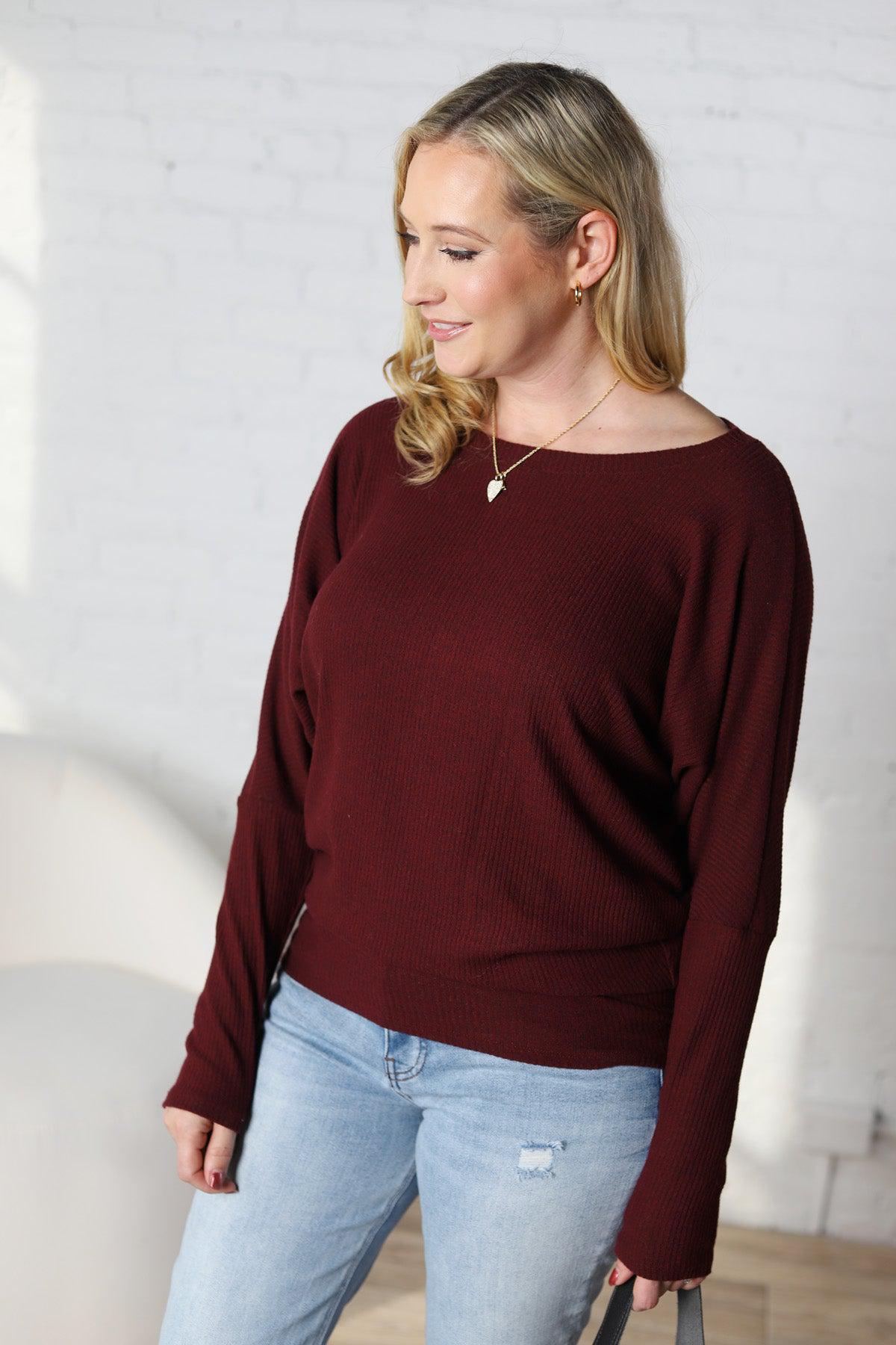 Delaney Dolman Sleeve Brushed Knit Top - Burgundy