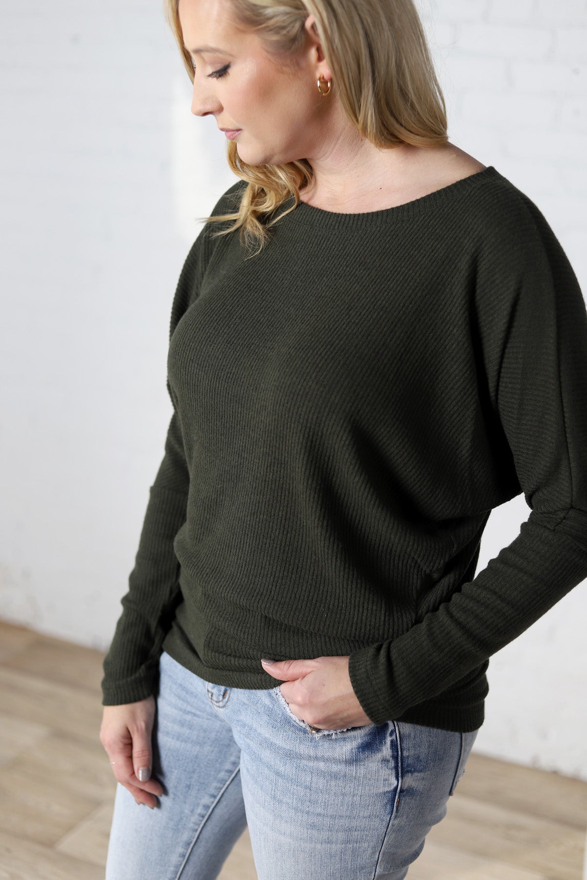 Delaney Dolman Sleeve Brushed Knit Top - Olive