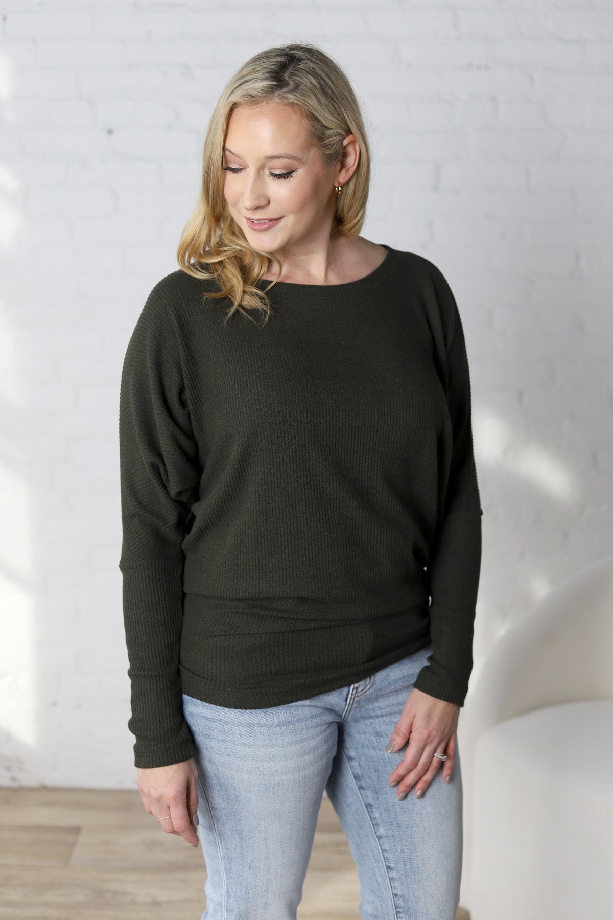 Delaney Dolman Sleeve Brushed Knit Top - Olive - FINAL SALE