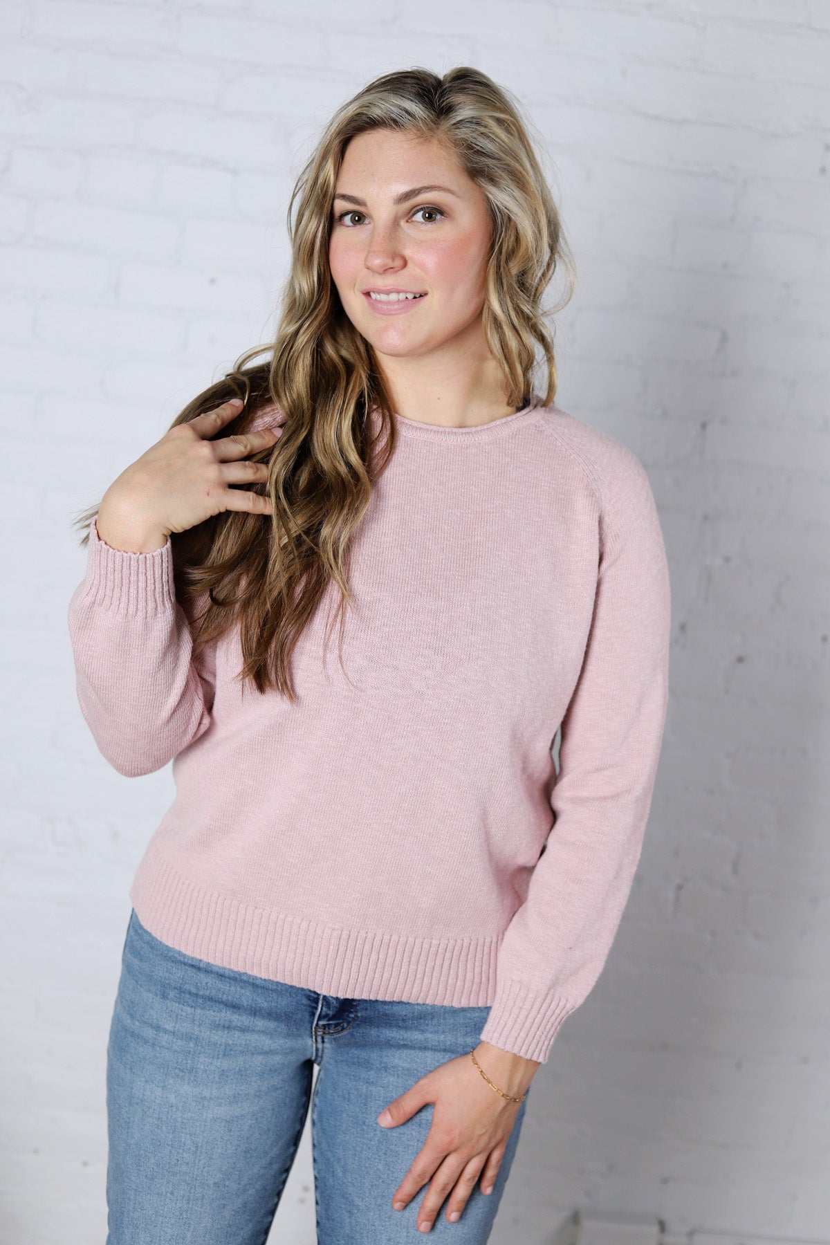 Delany Raglan Sleeve Slub Pullover Sweater - Dusty Pink