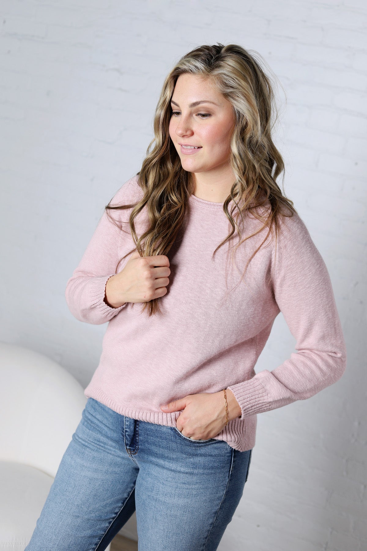 Delany Raglan Sleeve Slub Pullover Sweater - Dusty Pink