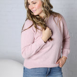 Delany Raglan Sleeve Slub Pullover Sweater - Dusty Pink