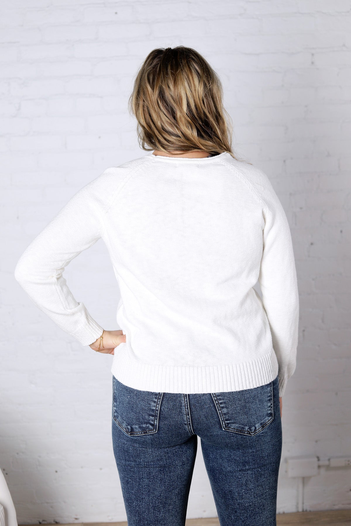 Delany Raglan Sleeve Slub Pullover Sweater - White