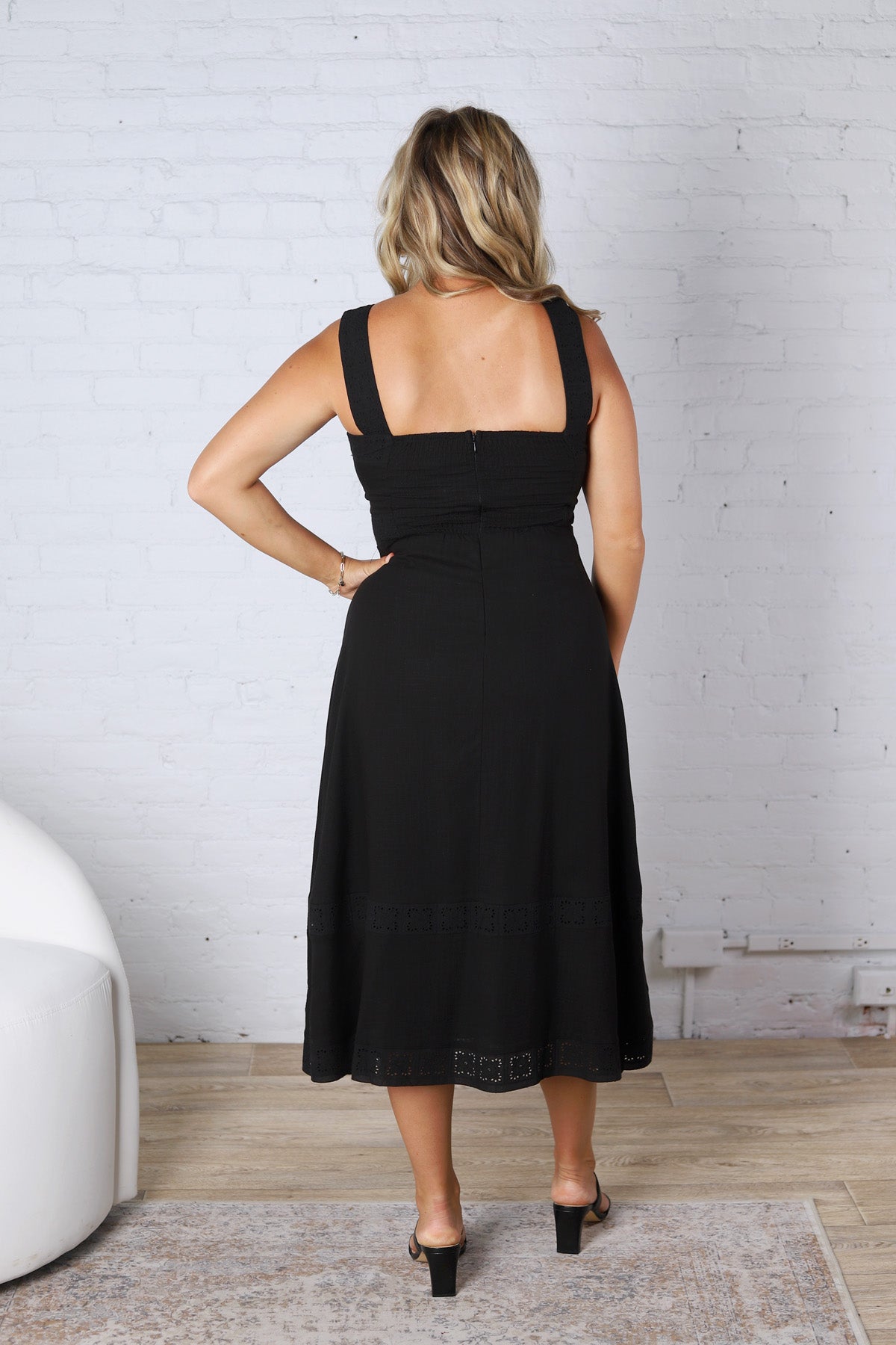 Della Embroidered Lace Empire Midi Dress - Black