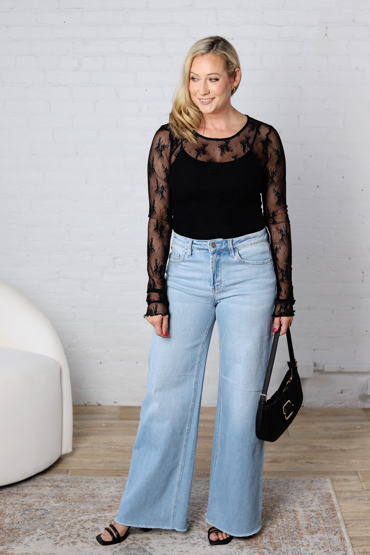 Demi Scoop Neck Sheer Lace Top - Black