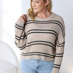 Double Striped Long Sleeve Open Knit Top - Navy