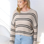 Double Striped Long Sleeve Open Knit Top - Navy