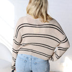 Double Striped Long Sleeve Open Knit Top - Navy