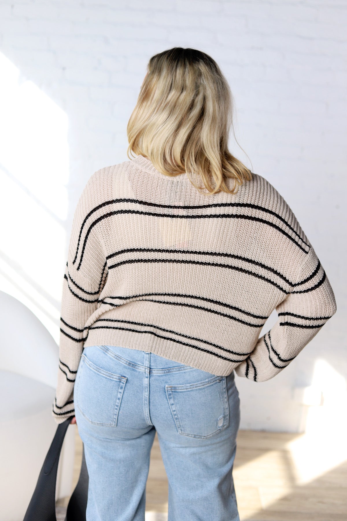 Double Striped Long Sleeve Open Knit Top - Navy