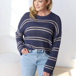 Double Striped Long Sleeve Open Knit Top - Oyster