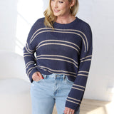 Double Striped Long Sleeve Open Knit Top - Oyster