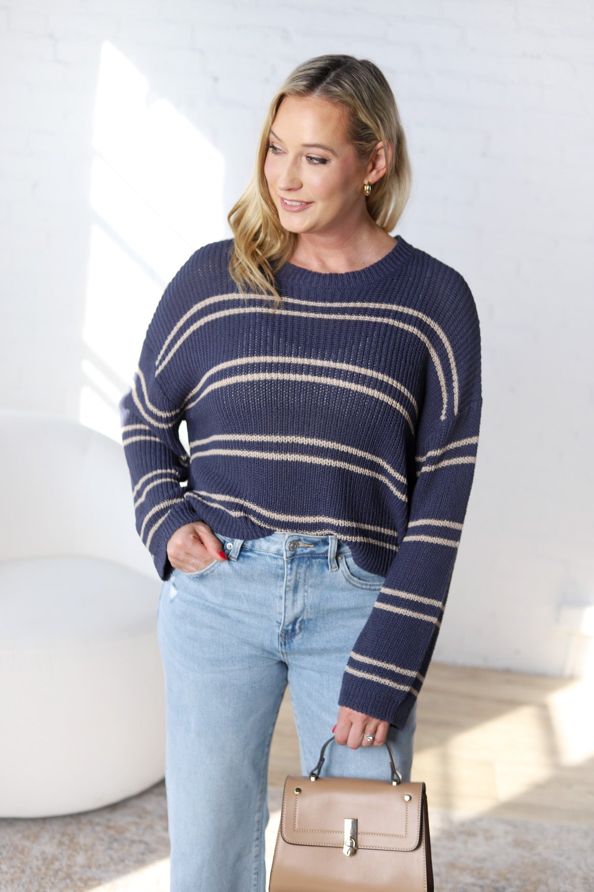 Double Striped Long Sleeve Open Knit Top - Oyster