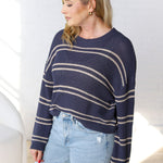 Double Striped Long Sleeve Open Knit Top - Oyster