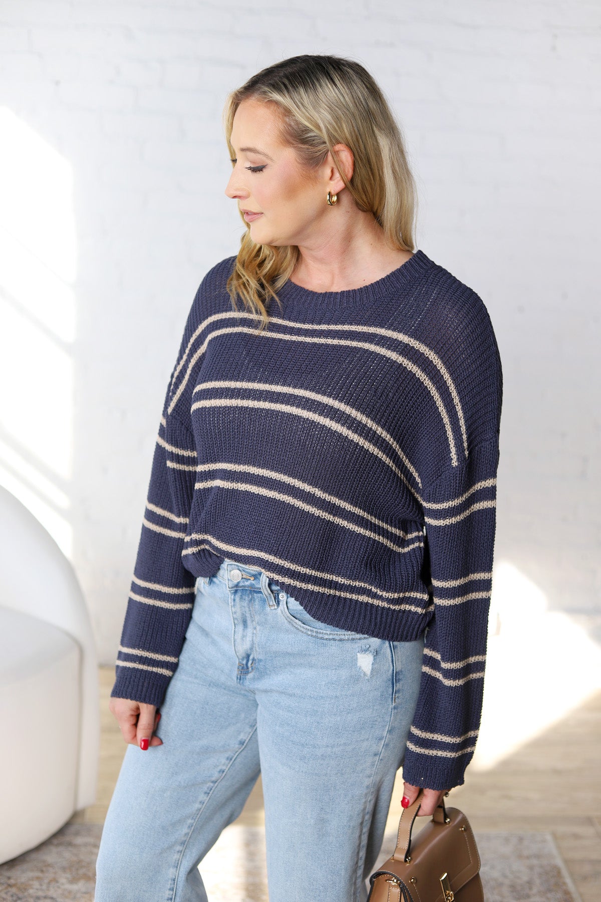 Double Striped Long Sleeve Open Knit Top - Oyster