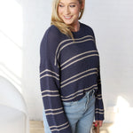 Double Striped Long Sleeve Open Knit Top - Oyster