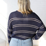 Double Striped Long Sleeve Open Knit Top - Oyster