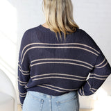 Double Striped Long Sleeve Open Knit Top - Oyster