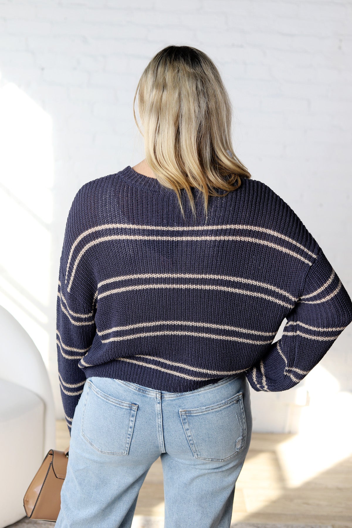 Double Striped Long Sleeve Open Knit Top - Oyster