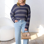 Double Striped Long Sleeve Open Knit Top - Oyster