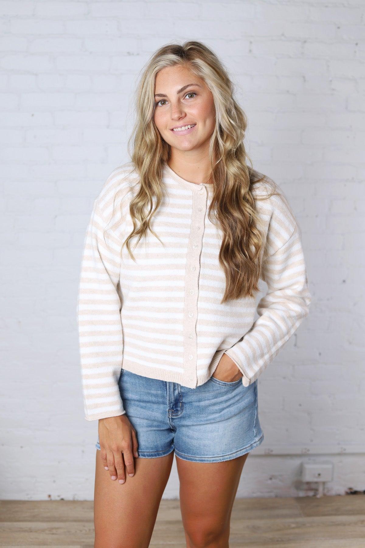 Dover Cardigan - Beige White Stripe