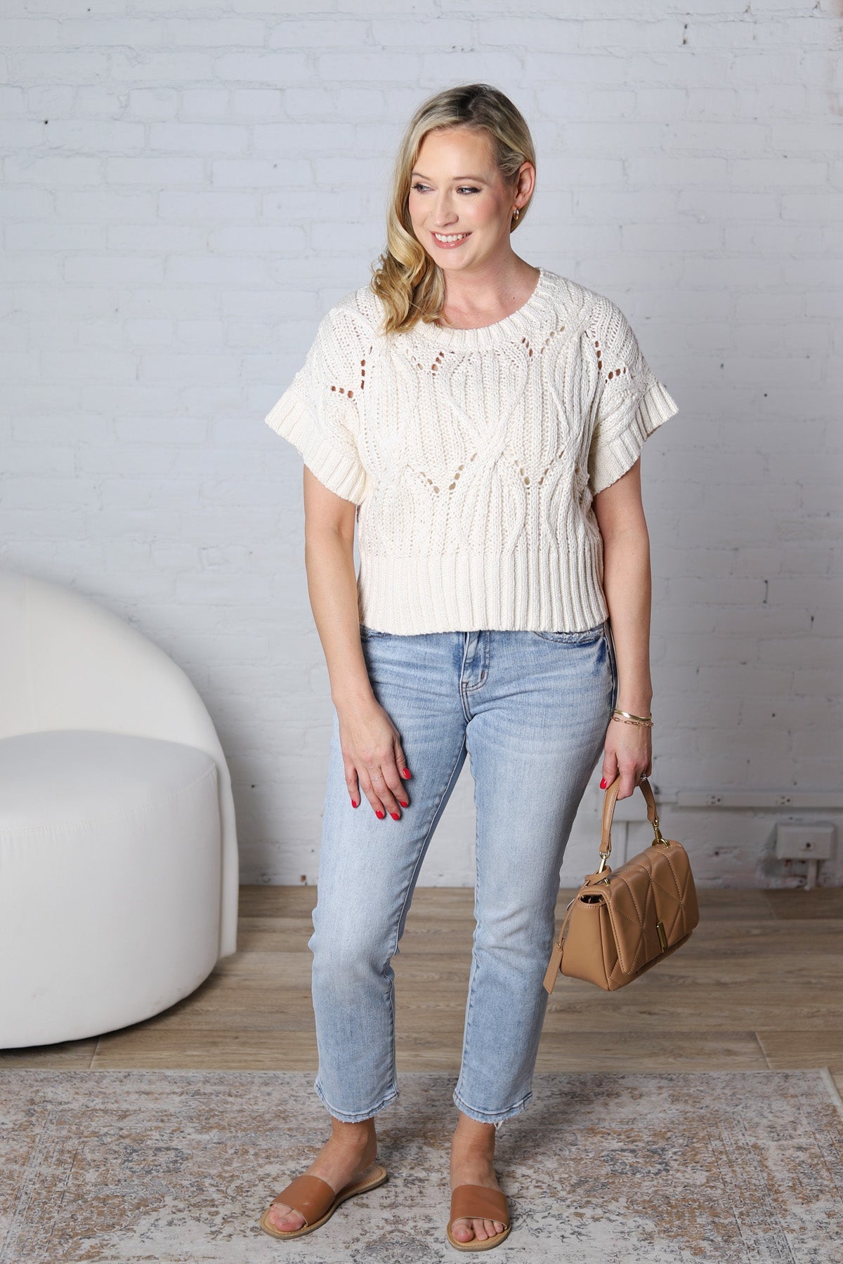 Dovina Knit Sweater Crochet Short Sleeve Top