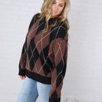 Edie Oversized Argyle Sweater - Brown Multi