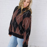 Edie Oversized Argyle Sweater - Brown Multi