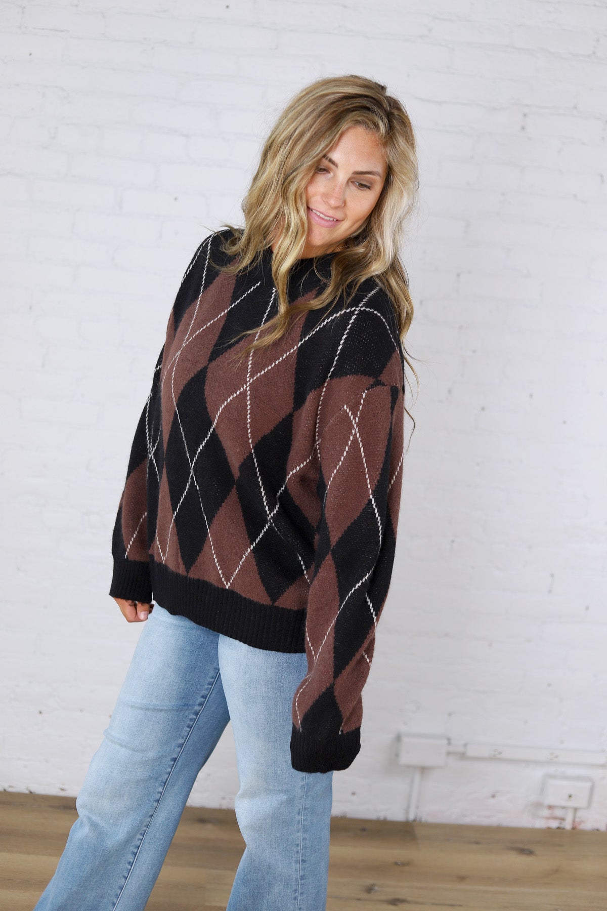 Edie Oversized Argyle Sweater - Brown Multi