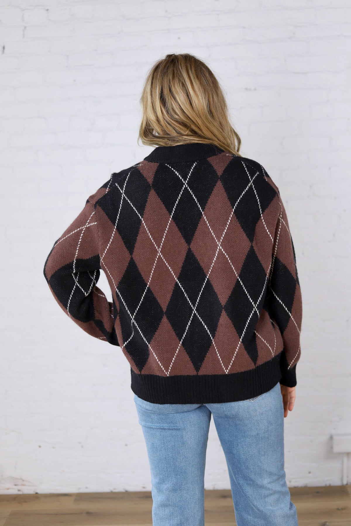 Edie Oversized Argyle Sweater - Brown Multi