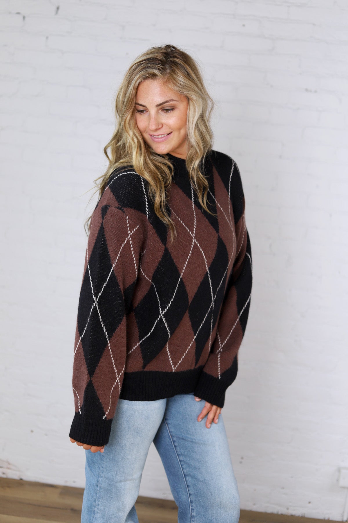 Edie Oversized Argyle Sweater - Brown Multi