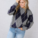 Edie Oversized Argyle Sweater - Navy Multi