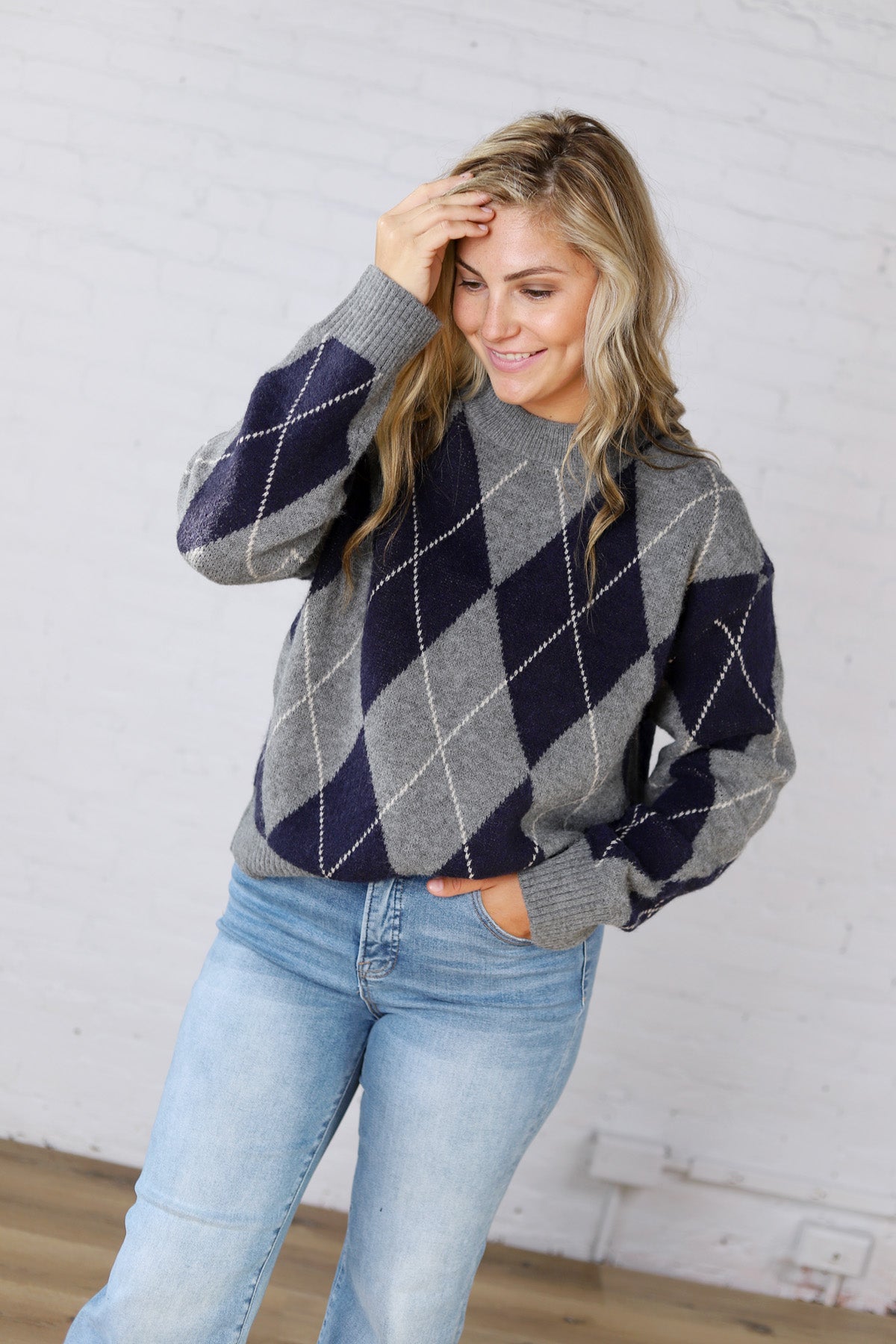 Edie Oversized Argyle Sweater - Navy Multi