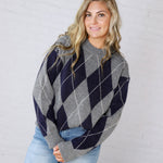 Edie Oversized Argyle Sweater - Navy Multi