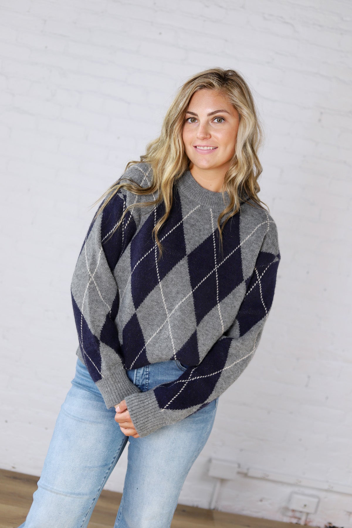 Edie Oversized Argyle Sweater - Navy Multi