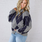 Edie Oversized Argyle Sweater - Navy Multi