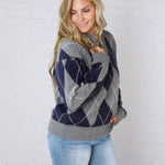 Edie Oversized Argyle Sweater - Navy Multi