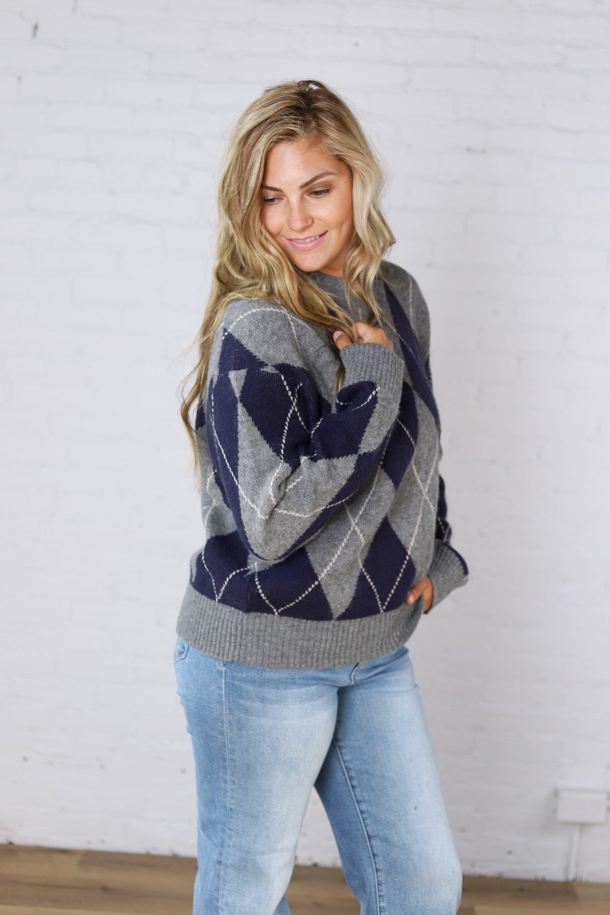 Edie Oversized Argyle Sweater - Navy Multi
