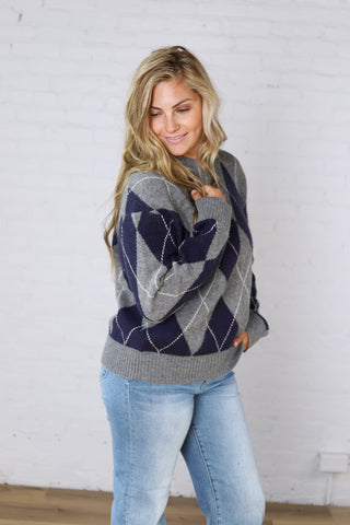 Edie Oversized Argyle Sweater - Navy Multi